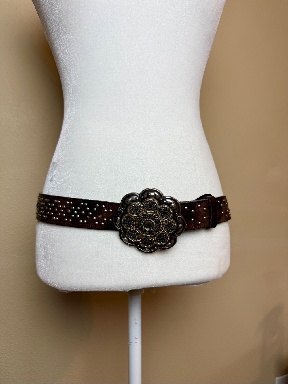 Leather Studded Belt with Large Silver Plated Buckle Size Large